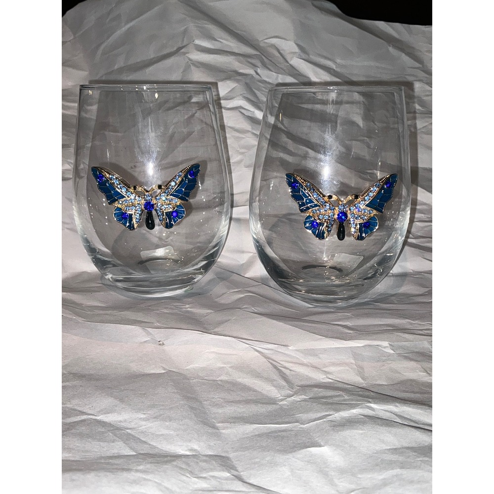 Set of 2 Rachel Zoe Glasses Blue Gold Rhinestone Butterfly Embellished Glass